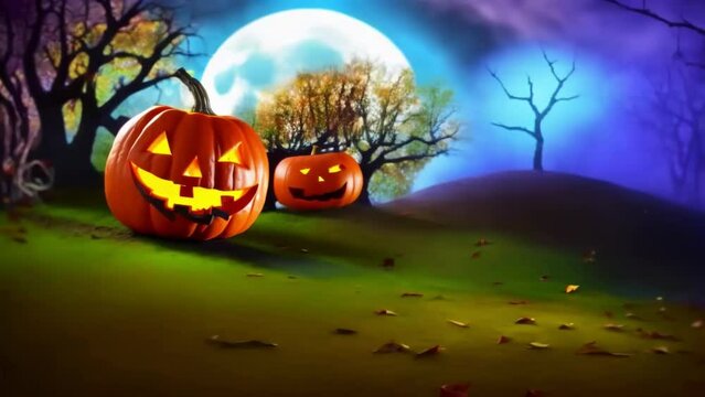 Glowing pumpkins in a dark green clearing with the moon and smoke in the background, a Halloween illustrated animated spooky short movie.