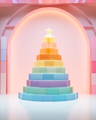 Vibrant christmas cheer bursts from a geometric tree of dazzling hues, cascading down a wall in a playful display of festive magic