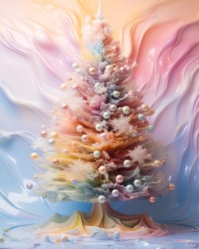 A vibrant christmas tree, adorned with shimmering pearls and delicate snowflakes, stands tall in a stunning painting, surrounded by a vase of colorful flowers and greenery, evoking feelings of joy