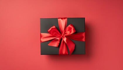 Top view of black giftbox with red ribbon on red background with empty space