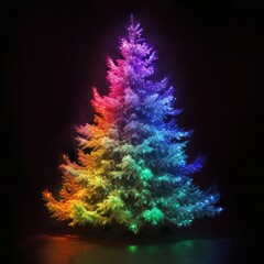 Fototapeta na wymiar Amidst the snowy night, a vibrant rainbow spruce stands tall, adorned with twinkling lights and filled with the spirit of christmas