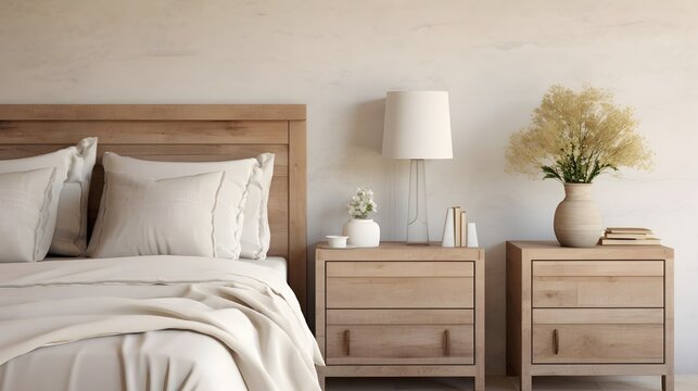 interior of bedroom, Farmhouse interior design of modern bedroom, Rustic bedside cabinet near bed with beige pillows