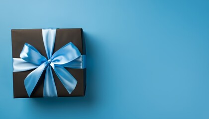 Top view of black giftbox with blue ribbon on blue background with empty space