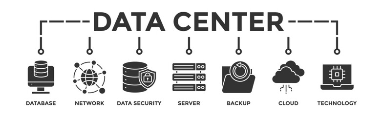 Data center banner web icon with icon of database, network, data security, server, backup, cloud and technology