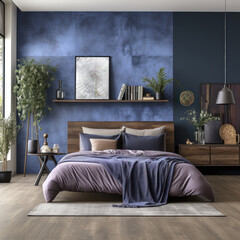 a cool bedroom with blue wall 
