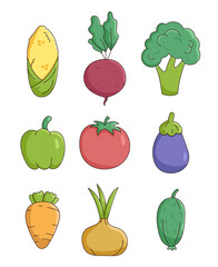 Fresh vegetables. Healthy food and harvest. Tomato, carrot, broccoli, cucumber and other. Hand drawn style. Vector drawing. Collection of design elements.