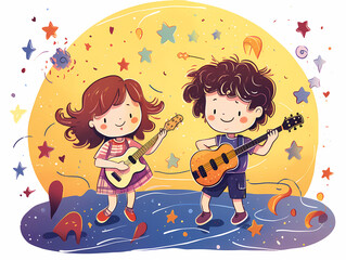 A Cartoon Of A Boy And Girl Playing Guitars