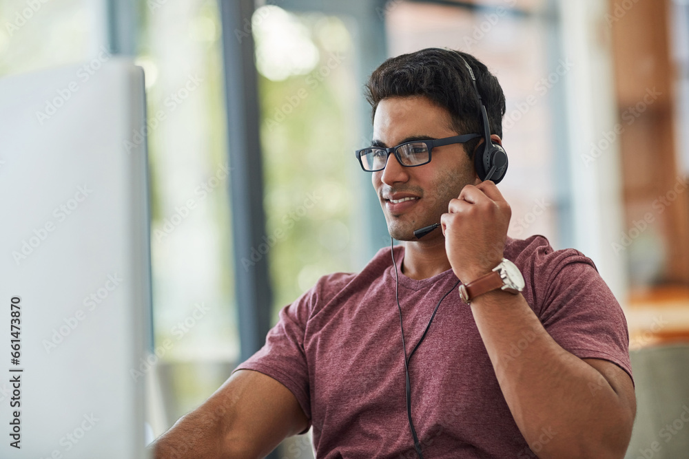 Aufkleber man, call center and computer in home office for technical support, virtual communication and online