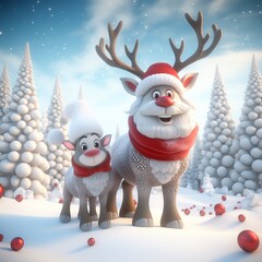 Cute reindeers and snowy white christmas landscape
