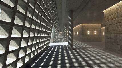 A concrete tunnel with columns and a lattice wall through which sunlight shines, creating a pattern of cells on the floor. Photorealistic 3D illustration in brutalist architectural style.