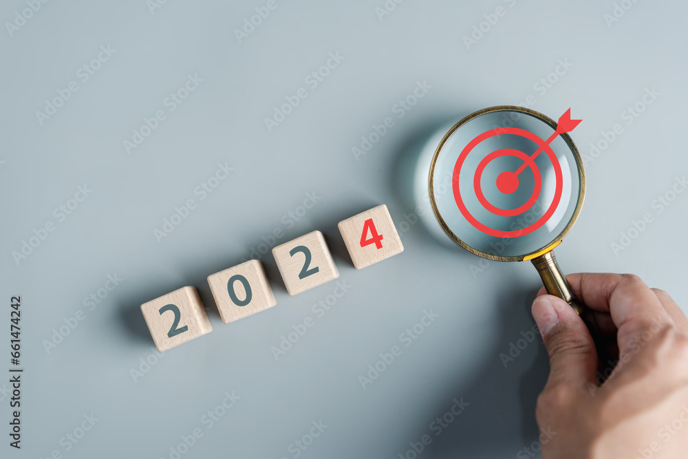 Poster Focus to New year 2024 target objective and countdown merry christmas and happy new year, Planning and challenge strategy in new year 2024 Concept.
