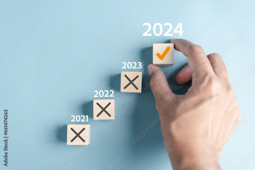 Poster Starting New year with ambition 2024 and countdown merry christmas and happy new year, Planning and challenge strategy in new year 2024 Concept.