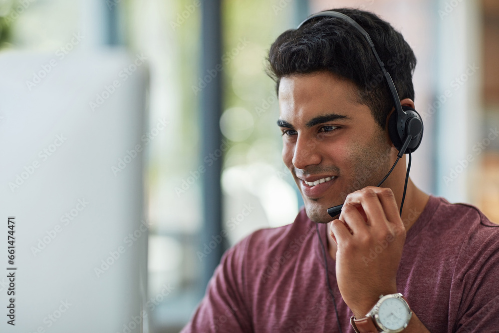 Poster business man, call center and computer for technical support, virtual communication and contact in o