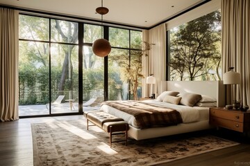 Contemporary bedroom with large windows and antique decor. Generative AI
