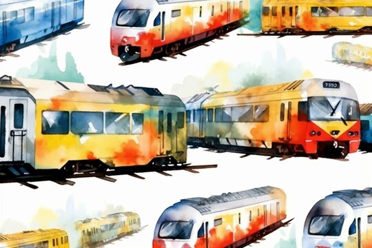 Watercolor trains railway pattern isolated. Generative AI