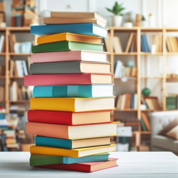 Stacked colorful books on white wooden table with blurred colorful arrangement of books and bookshelf background.