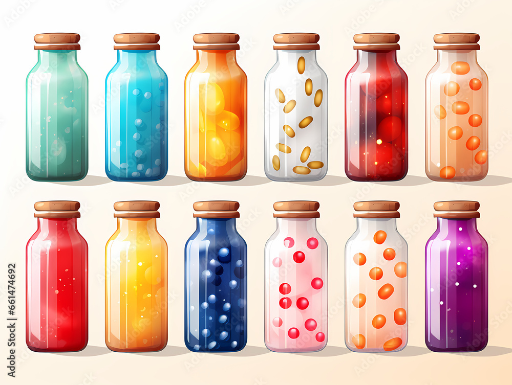 Poster a group of bottles with different colored liquid in them