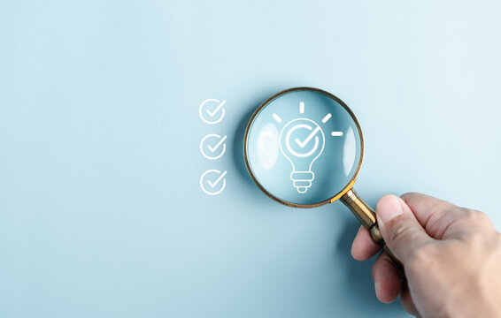Quick tips for smart creative. light bulb and idea checking icon inside magnifier glass, working Creativity, Creative for new innovation with energy and power, growth and success development.
