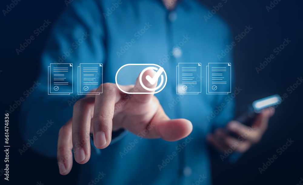 Aufkleber Hand press button Guarantee Online service filling out and digital form checklist , Document Management Checking System, online documentation database and process manage files..