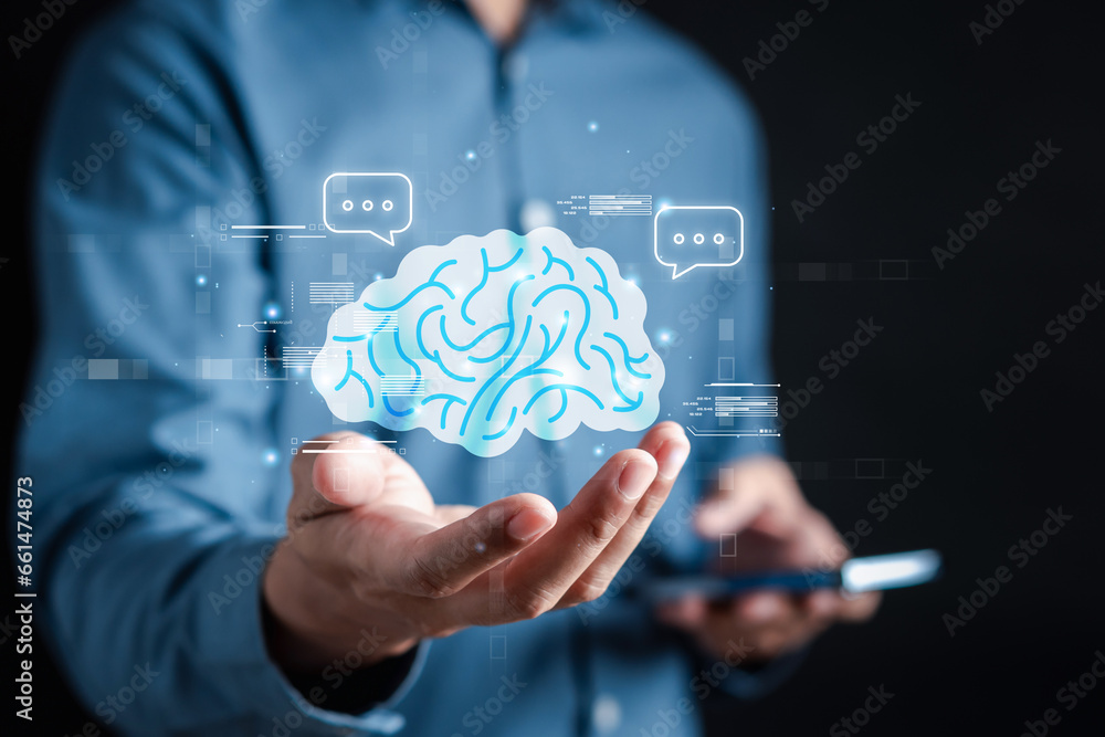 Poster User using chat ai smart robot system intelligence Ai. Chat with AI Artificial Intelligence, developed and generate. Futuristic technology, robot in online system..