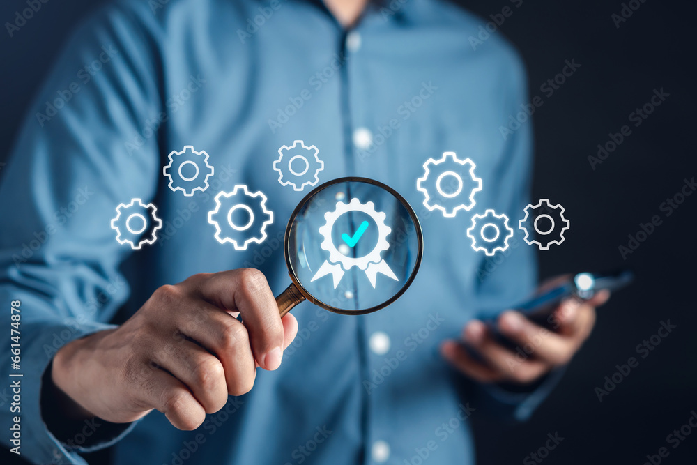 Poster Assessment for certificate good quality product, digital improvement QC and QA iso, Standard check quality control concept.