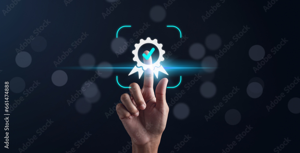 Poster Assessment for certificate good quality product, digital improvement QC and QA iso, Standard check quality control concept.