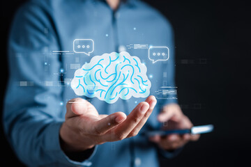 User using chat ai smart robot system intelligence Ai. Chat with AI Artificial Intelligence, developed and generate. Futuristic technology, robot in online system..