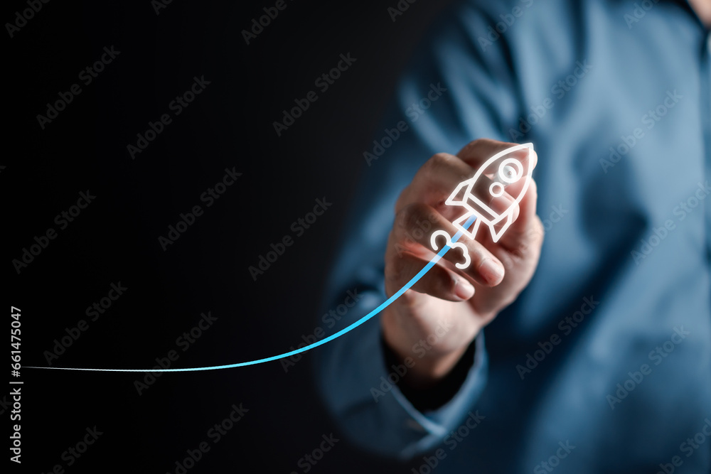 Aufkleber businessman touch rocket launch investment growth, planning and starting corporate business start up