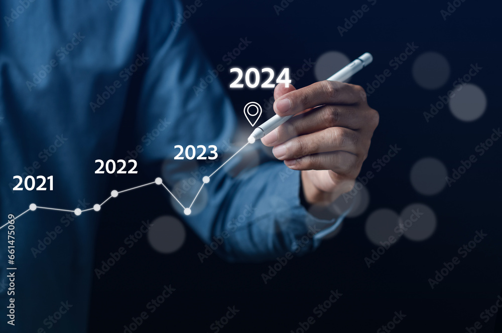 Poster pointing happy new year 2024 with chart graph and countdown merry christmas and happy new year, plan