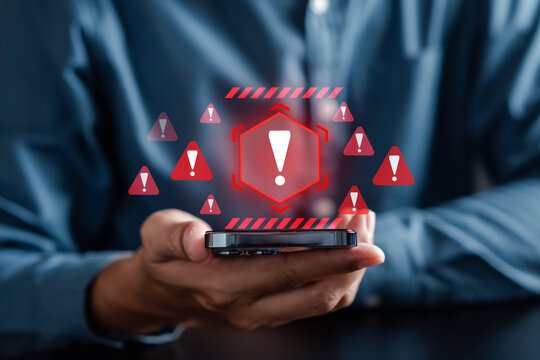 System warning caution sign on smartphone, scam virus attack on firewall for notification error and maintenance. Network security vulnerability, data breach, illegal connection and information danger.