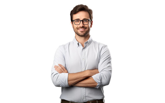 Confident Male IT Specialist Demonstrating Technical Expertise with Folded Arms Isolated on a Transparent Background PNG.