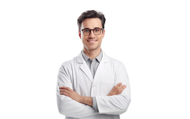 Laboratory Luminary A Male Scientist Strong Pose with Folded Arms Isolated on a Transparent Background PNG.