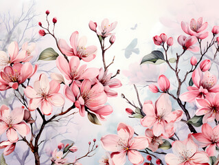 A Painting Of Pink Flowers On Branches