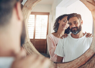 Smile, reflection and morning with couple, mirror and wake up for support, love and care. Happy, man and woman for commitment, bonding together and home for intimacy marriage and healthy relationship - obrazy, fototapety, plakaty