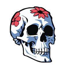 Human skull with flowers design vector illustration isolated on a white background, Good for print, t-shirt, stickers, etc.