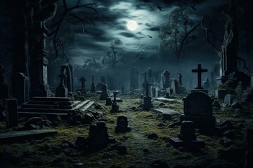 Enigmatic ancient graveyard night. Cemetery zombie. Generate Ai - obrazy, fototapety, plakaty