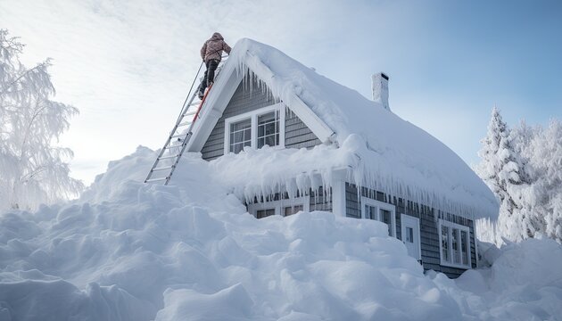 a person climbing a ladder to clear snow off a rooft