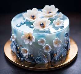 Beautiful crystal cake with blue jelly and flowers on golden dish, blue rice cake, new pastry product, spring rice cake concept

