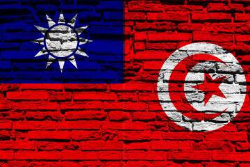 Background with Taiwan and Tunisia flag on brick wall