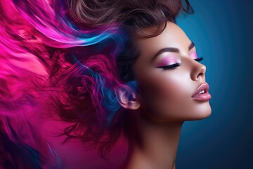 Woman with Vivid Pink and Blue Hair in a Dreamy Beauty Shot
