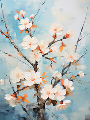 A Painting Of A Branch With White Flowers