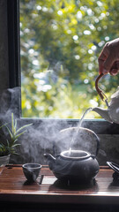 Man making tea with boiling water. Close view of the wooden table with traditional chinese tea...