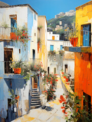 A Painting Of A Courtyard With Colorful Buildings