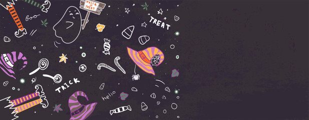 Horizontal template. Dark gray grunge texture with Halloween pattern. Halloween, October 31st.