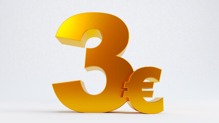 3D render of golden three euros isolated on white background