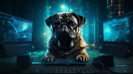 Dog Pug developer. Pug Dog programmer. Horizontal banking poster background for advertisement. Photo AI Generated