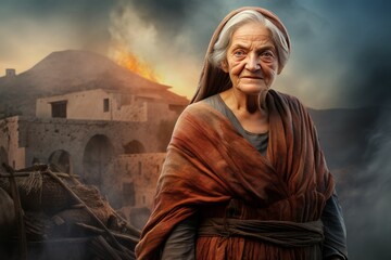 Ancient greek volcano eruption old woman. Smoke color. Generate Ai