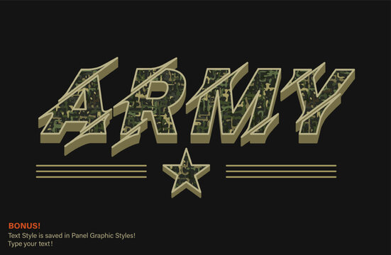 Khaki green T-shirt typography with camouflage texture. Horizontal word Army with stripes and military star. Editable text appearance, text graphic style are included. For sport goods, textile design