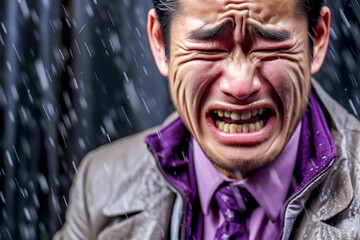 Asian man crying in monsoon rain.