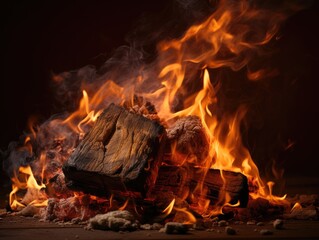 fire in the fireplace, burning wood, blazing campfire, ai generated